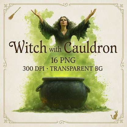 Witch with Cauldron Cliparts – 16 PNG Watercolor Illustrations – Halloween Witches, Transparent Background, High Resolution