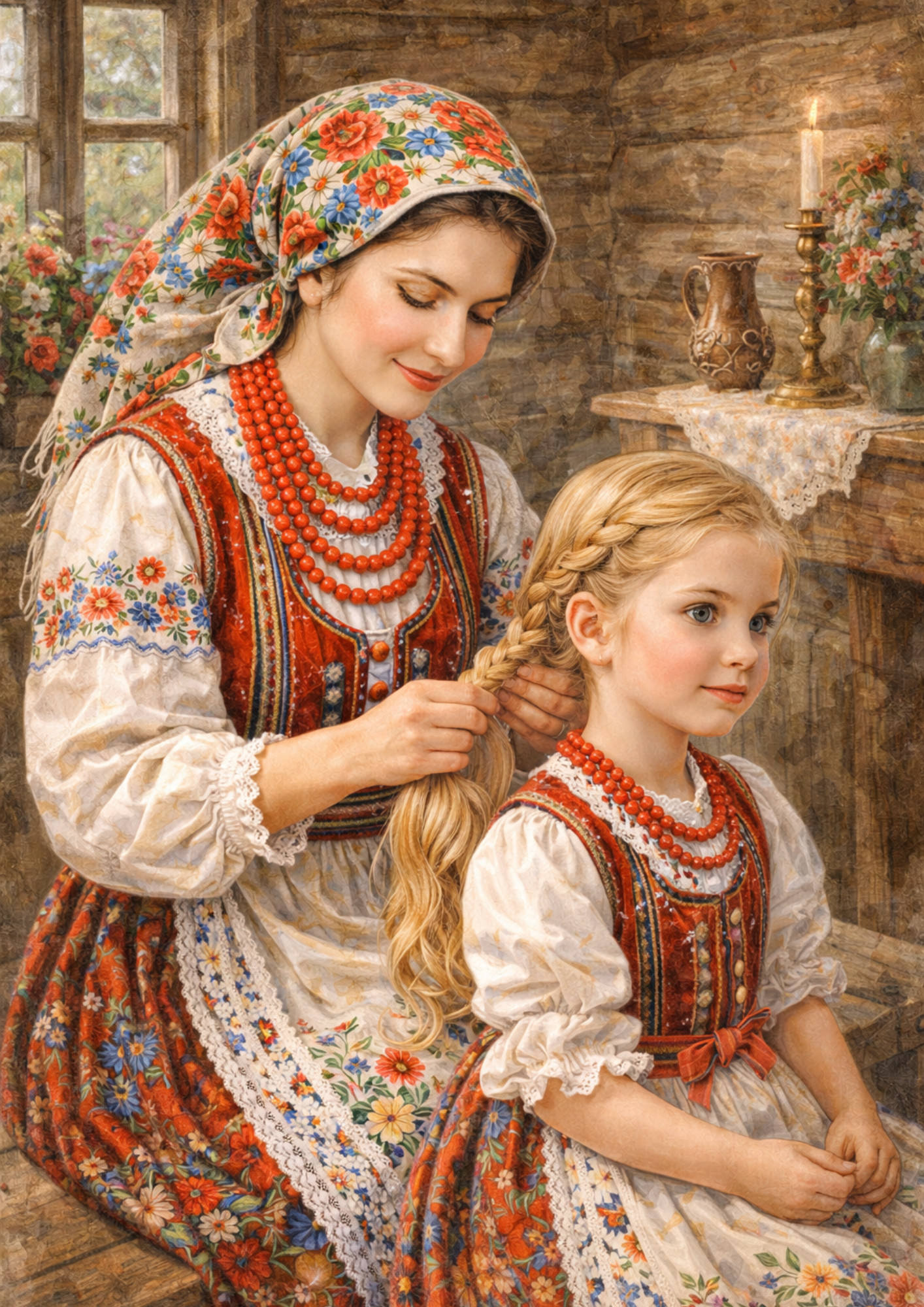 Sticker Sheet / Greeting Card – Country Housewife & Doughter in Traditional Krakow Folk Costume Full Cat. No. 9041