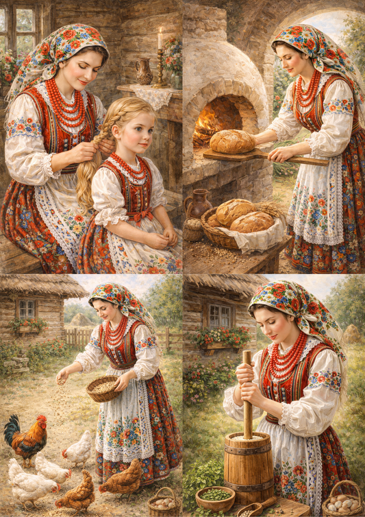 Sticker Sheet / Greeting Card – Country Housewife & Doughter in Traditional Krakow Folk Costume Collage Cat. No. 9042