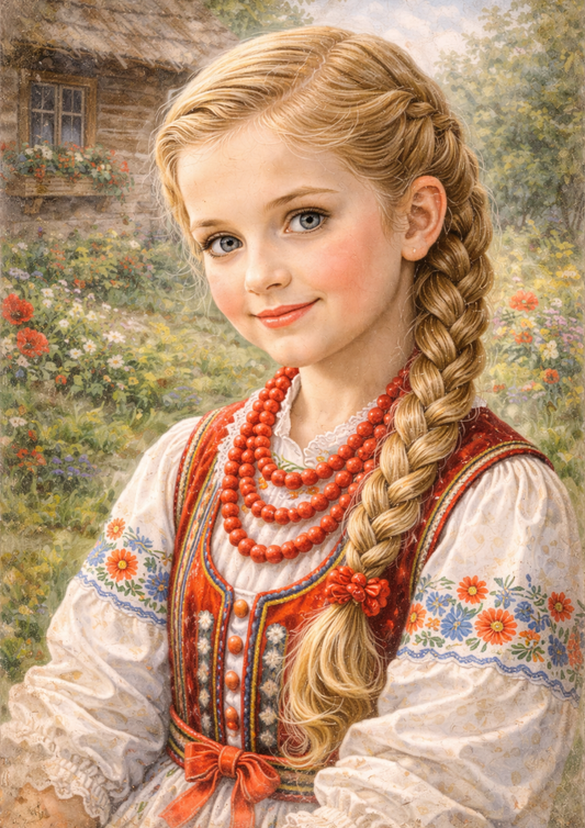Sticker Sheet / Greeting Card – Country Girl in Traditional Krakow Folk Costume Full Cat. No. 9045