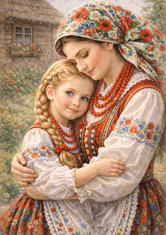Sticker Sheet / Greeting Card – Country Mother & Doughter in Traditional Krakow Folk Costume Full Cat. No. 9046