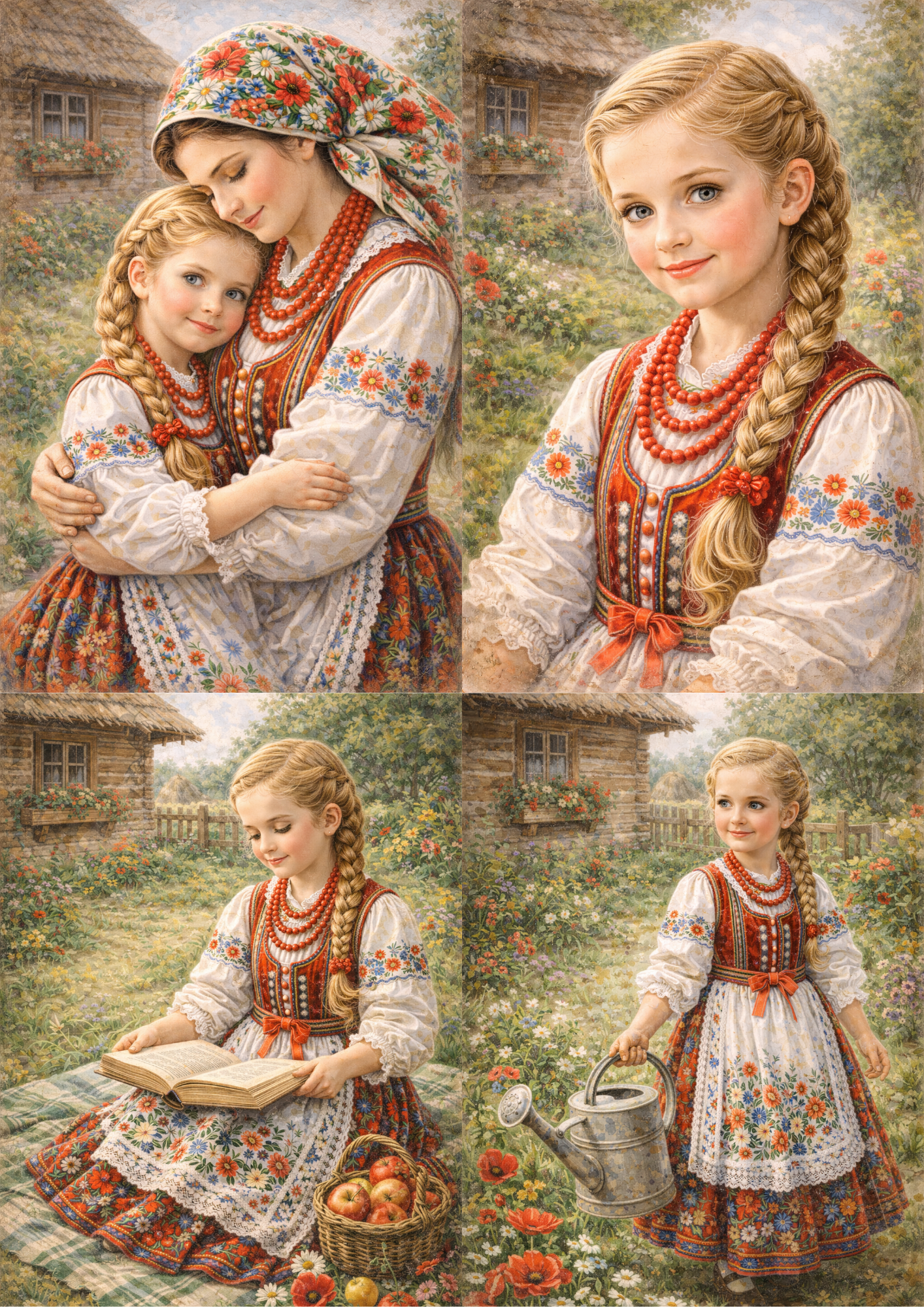 Sticker Sheet / Greeting Card – Country Mother & Doughter in Traditional Krakow Folk Costume Collage Cat. No. 9047