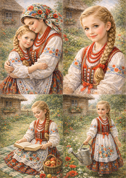Sticker Sheet / Greeting Card – Country Mother & Doughter in Traditional Krakow Folk Costume Collage Cat. No. 9047