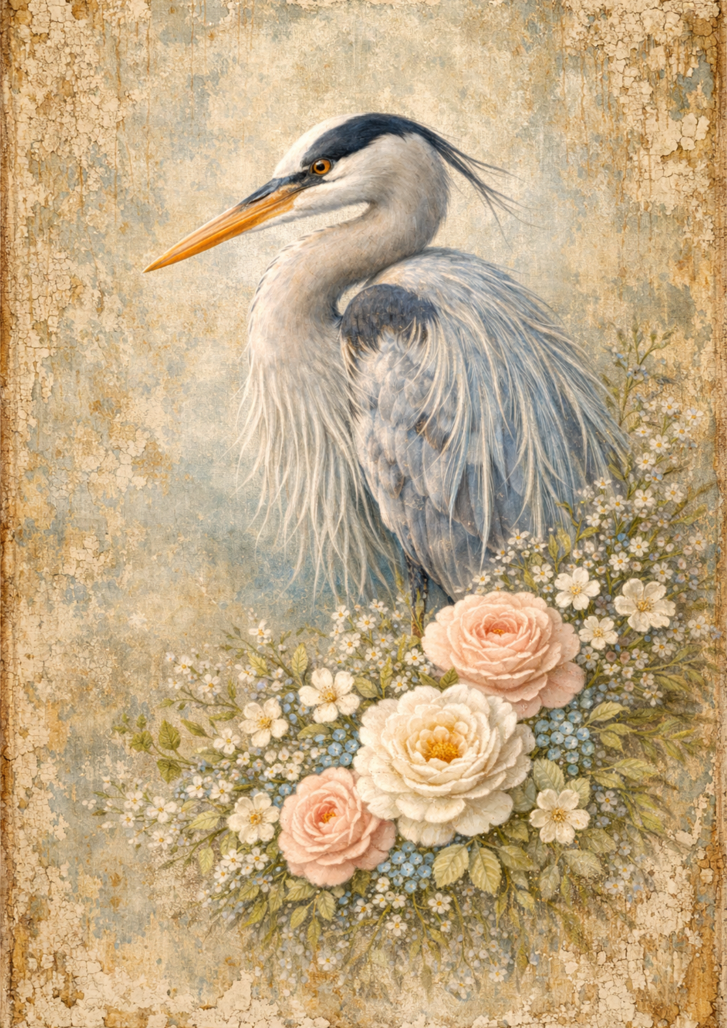 Sticker Sheet / Greeting Card – Blue Heron in Shabby Chic Style Full Cat. No. 9087