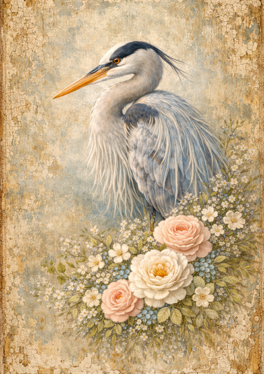 Sticker Sheet / Greeting Card – Blue Heron in Shabby Chic Style Full Cat. No. 9087