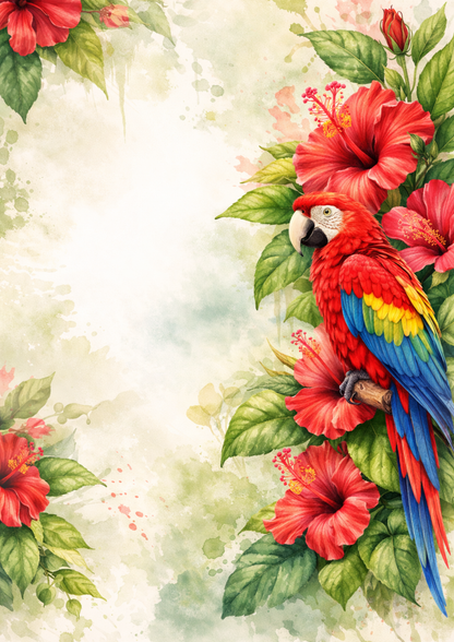 Sticker Sheet / Greeting Card – Parrot & Red Hibiscus Flower Full Cat. No. 9104