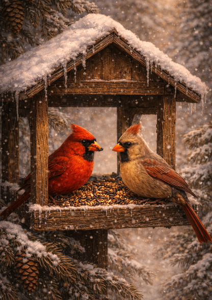 Sticker Sheet / Greeting Card – Red Cardinals in the Birdhouse Full Cat. No. 9118