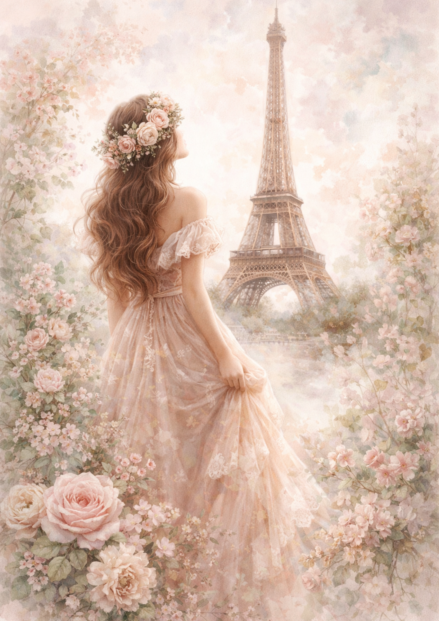 Sticker Sheet / Greeting Card – Eiffel Tower & Beautiful Girl in Shabby Chic Style Full Cat. No. 9194