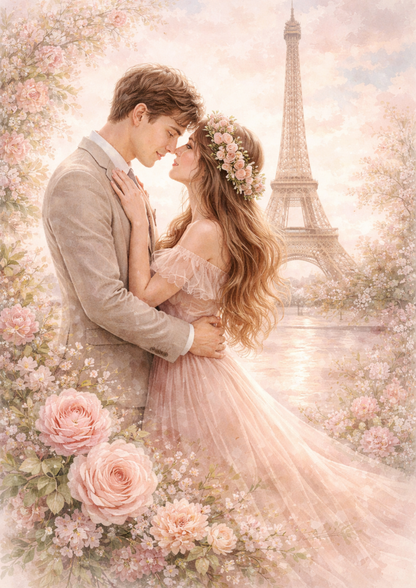 Sticker Sheet / Greeting Card – Eiffel Tower & Romantic Couple in Shabby Chic Style Full Cat. No. 9195