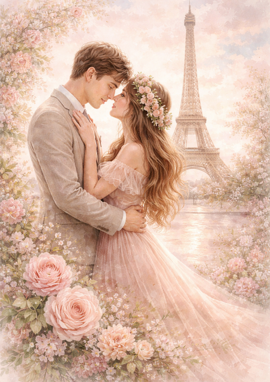 Sticker Sheet / Greeting Card – Eiffel Tower & Romantic Couple in Shabby Chic Style Full Cat. No. 9195