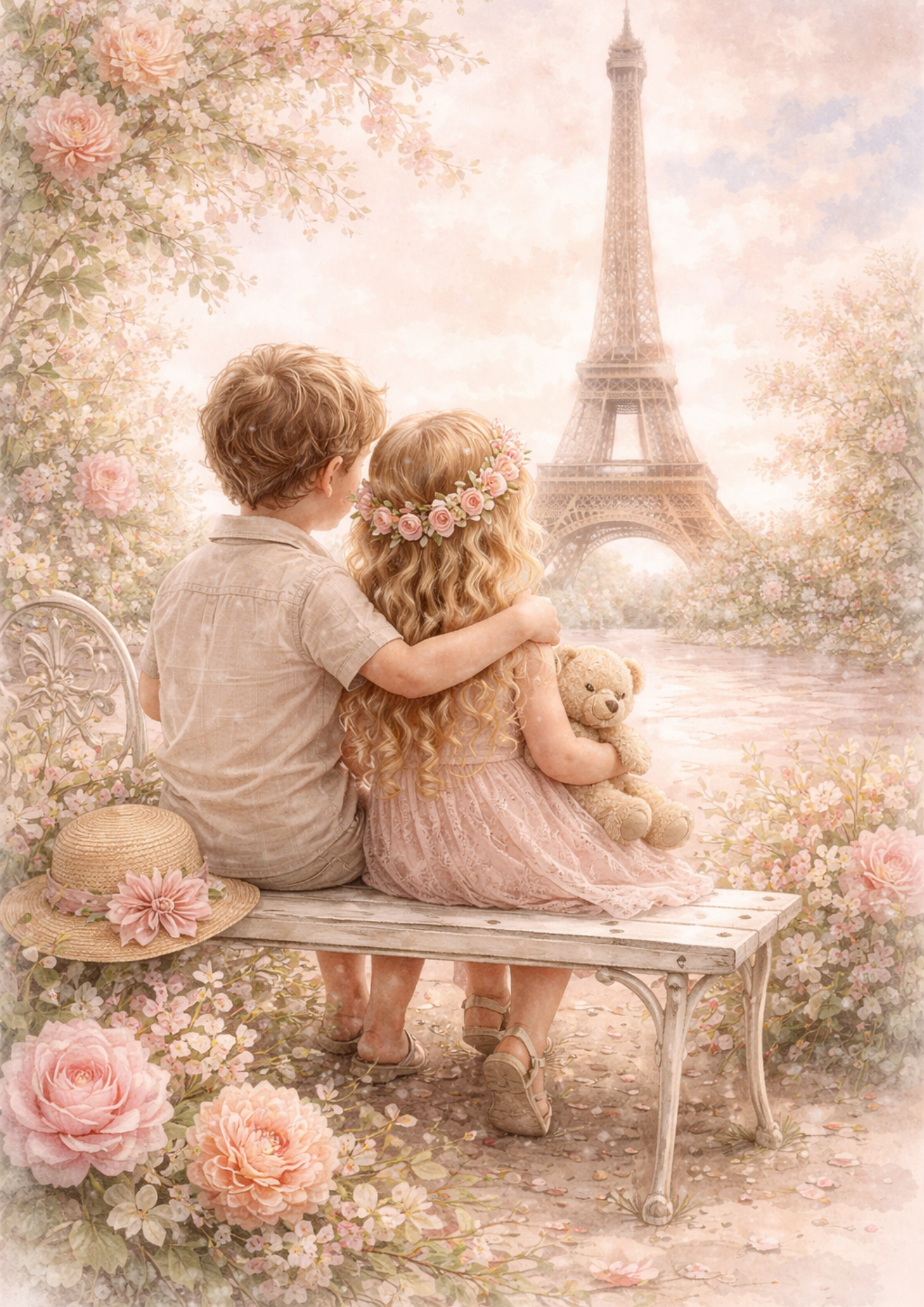 Sticker Sheet / Greeting Card – Eiffel Tower & Two Children in Shabby Chic Style Full Cat. No. 9196