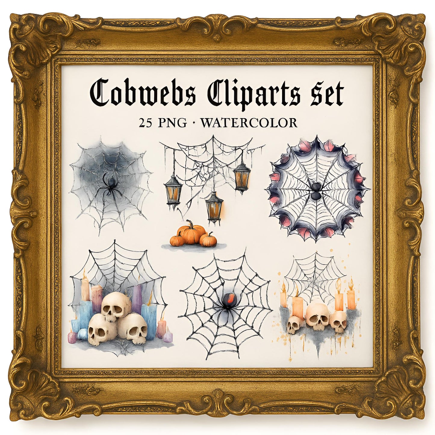 Halloween Cobweb Clipart Set – 25 PNG – Transparent – Watercolor Style – High Resolution 300 DPI