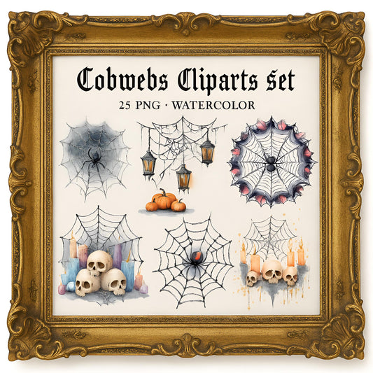 Halloween Cobweb Clipart Set – 25 PNG – Transparent – Watercolor Style – High Resolution 300 DPI