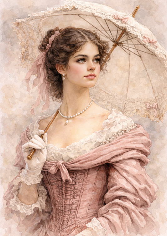 Sticker Sheet / Greeting Card – Victorian Woman with Umbrella Portrait Full Cat. No. 9204