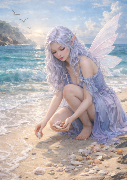 Sticker Sheet / Greeting Card – Etheral Fairy Collecting Seashells Full Cat. No. 9209