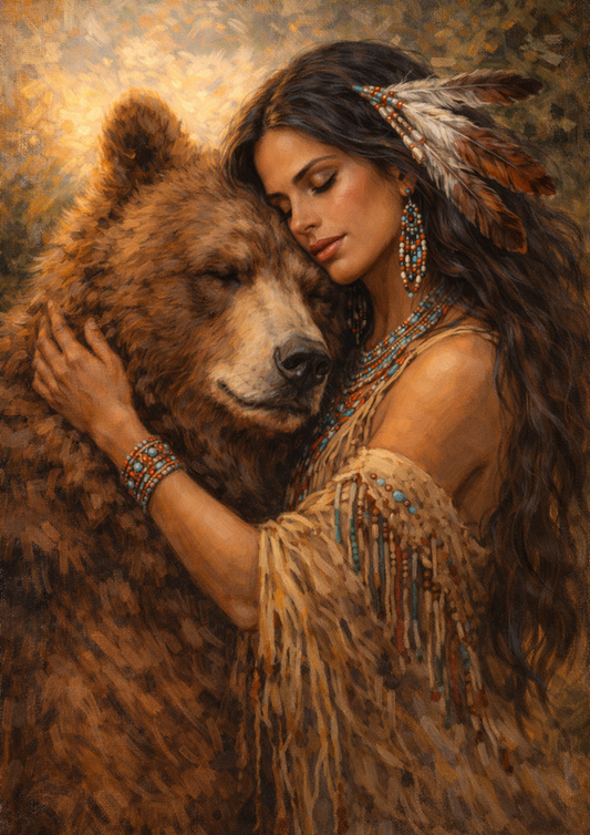 Sticker Sheet / Greeting Card – Native American Woman with Giant Bear Full Cat. No. 9275