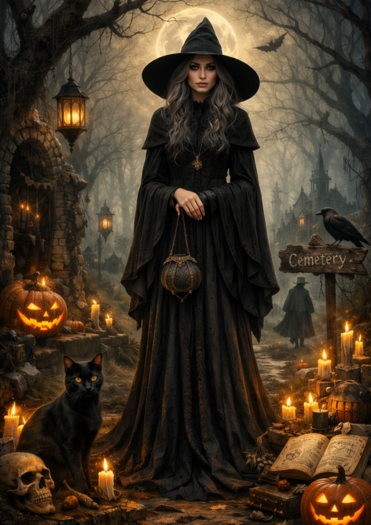 Sticker Sheet / Greeting Card – Halloween Witch on Cementary Full Cat. No. 9218