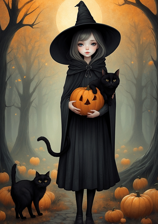 Sticker Sheet / Greeting Card – Halloween Witch, Black Cat & Pumpkin Full Cat. No. 9220