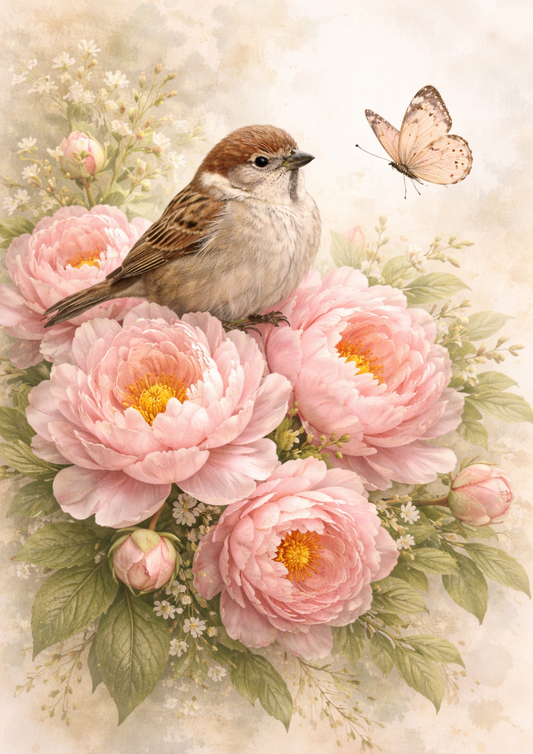 Sticker Sheet / Greeting Card – Little Sparrow on Peonies Full Cat. No. 9240