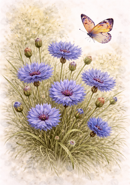 Sticker Sheet / Greeting Card – Butterfly on Cornflowers Full Cat. No. 9246