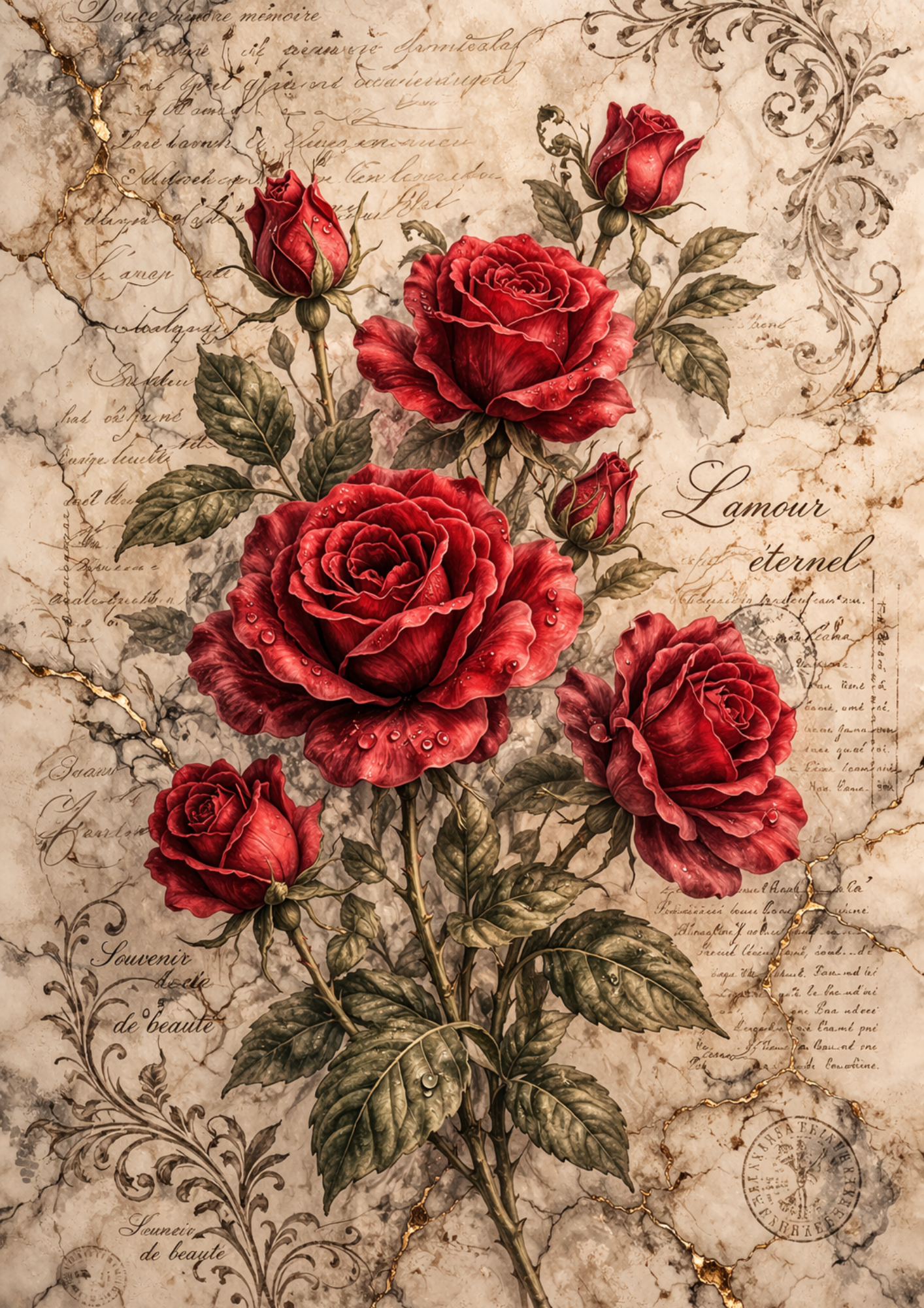 Sticker Sheet / Greeting Card – Red Rose on Marble Full Cat. No. 9253