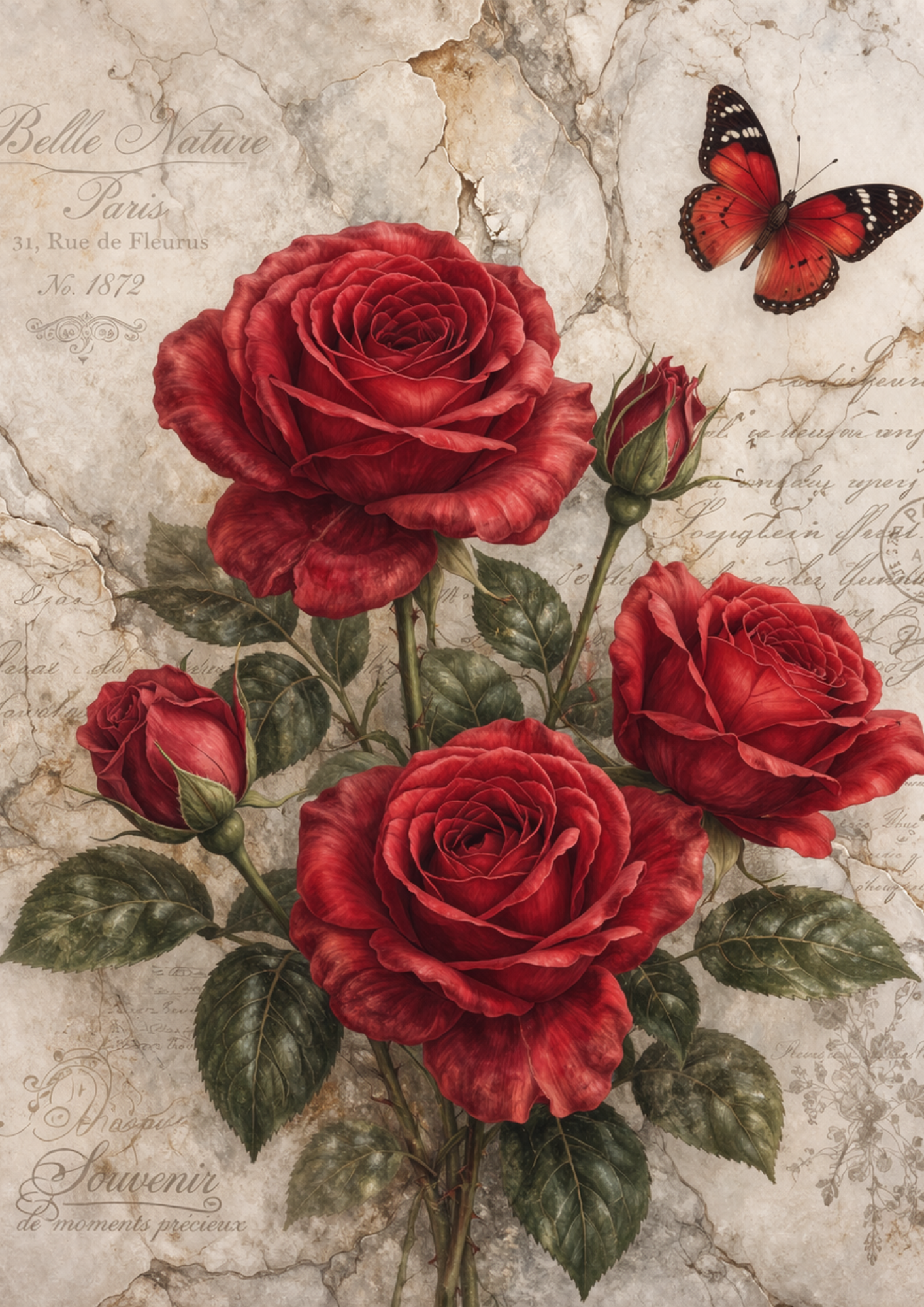 Sticker Sheet / Greeting Card – Red Rose on Marble Full Cat. No. 9254