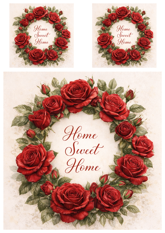 Sticker Sheet / Greeting Card – Red Rose Wreath with Home Sweet Home Sentence Collage Cat. No. 9255