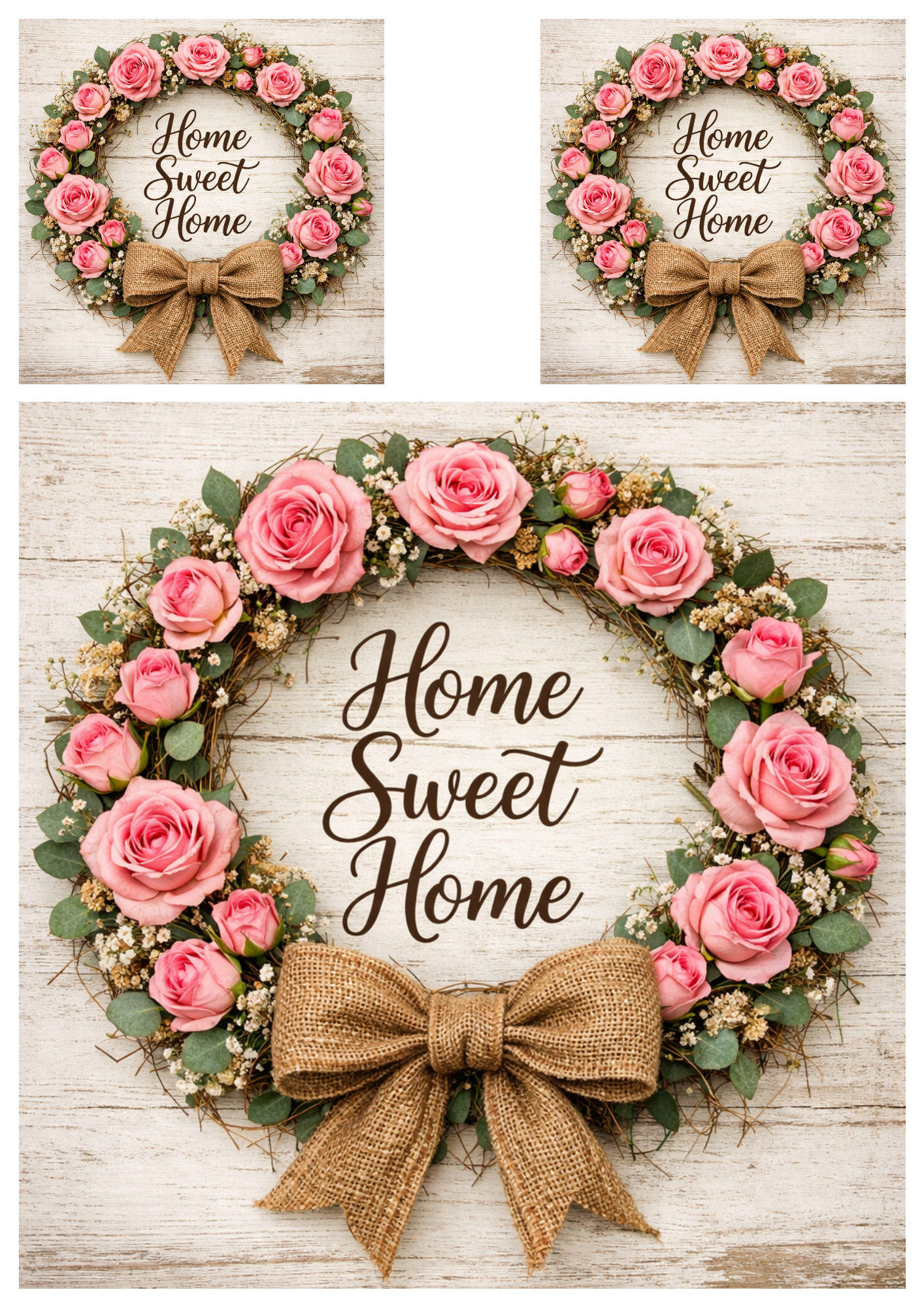 Sticker Sheet / Greeting Card – Pink Roses Wreath in Rustic Style Collage Cat. No. 9256