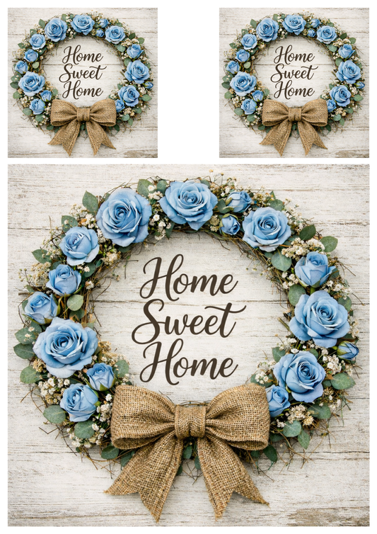 Sticker Sheet / Greeting Card – Blue Roses Wreath in Rustic Style Collage Cat. No. 9258