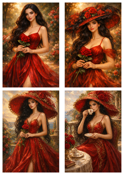 Sticker Sheet / Greeting Card – Beautiful Woman in Red Dress Collage Cat. No. 9265