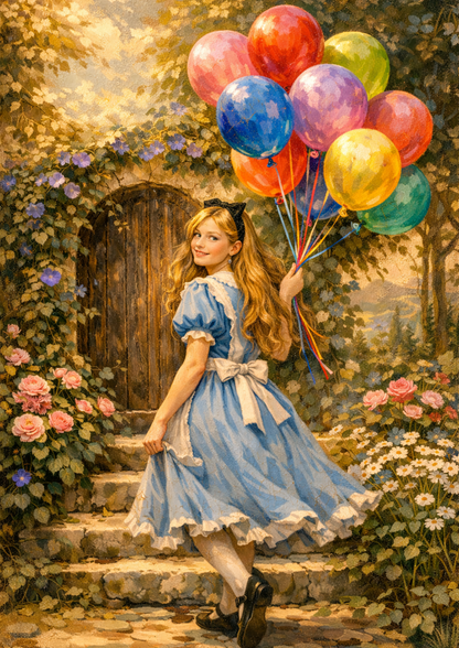 Sticker Sheet / Greeting Card – Alice Holding Birthday Balloons Cat. No. 9271