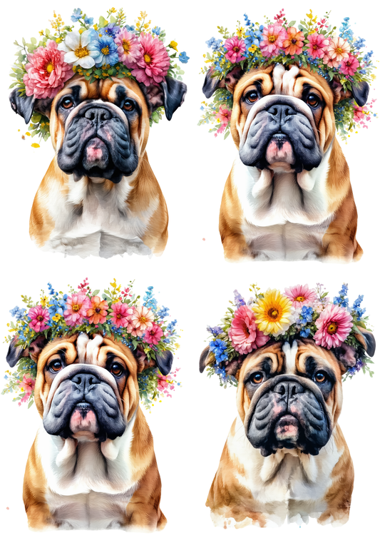 Sticker Sheet / Greeting Card – Cute English Bulldog with Floral Crown Collage Cat. No. 9280