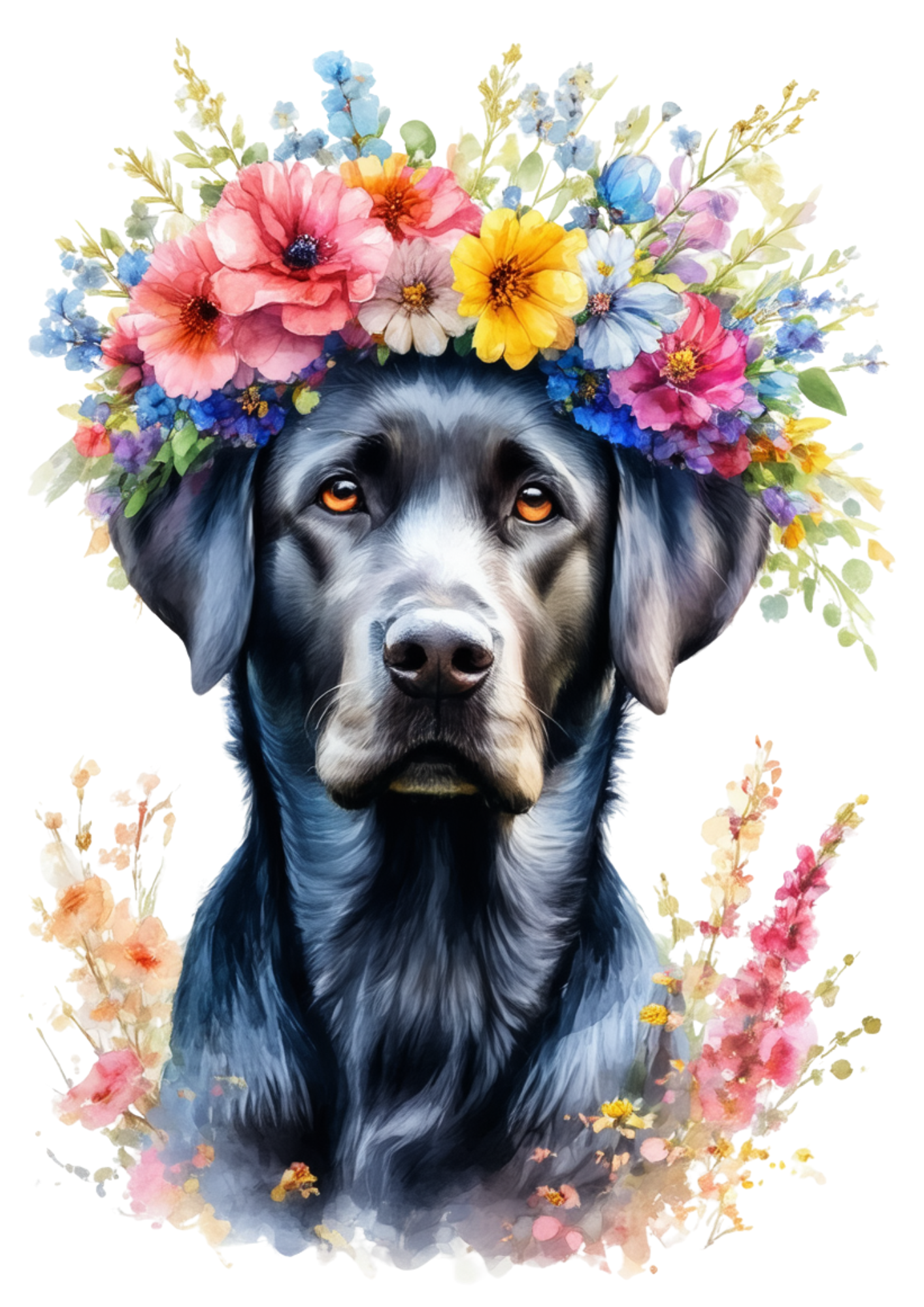 Sticker Sheet / Greeting Card – Black Lab with Floral Crown Portrait Full Cat. No. 9281