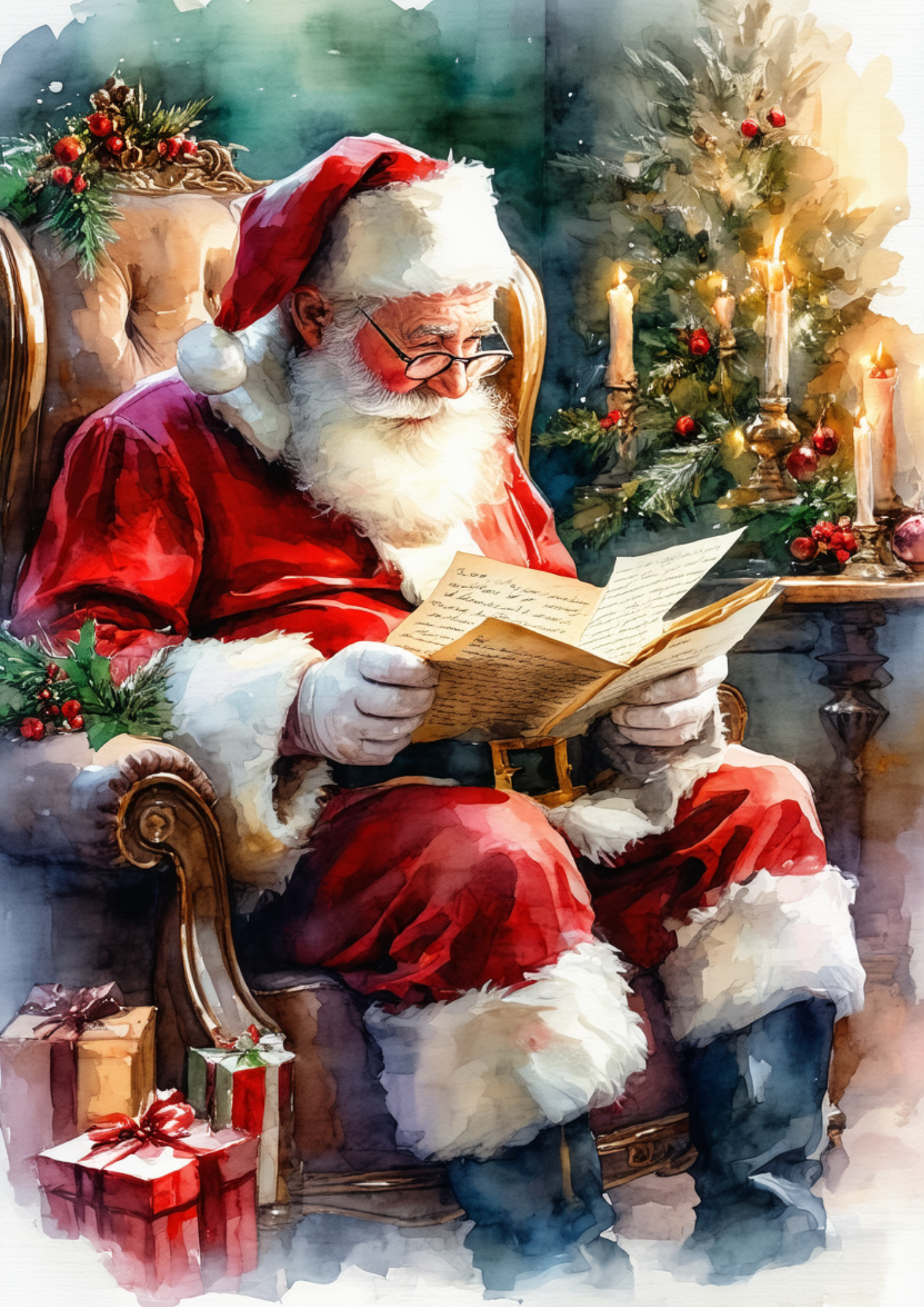 Sticker Sheet / Greeting Card – Santa Reading Letters from Children Full Cat. No. 9285