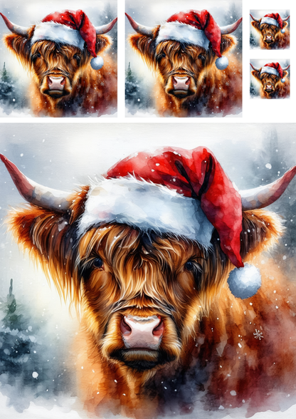 Sticker Sheet / Greeting Card – Highland Cow with Christmas Wreath Collage Cat. No. 9290
