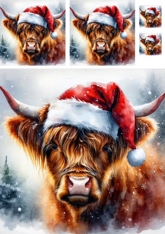 Sticker Sheet / Greeting Card – Highland Cow with Christmas Wreath Collage Cat. No. 9290