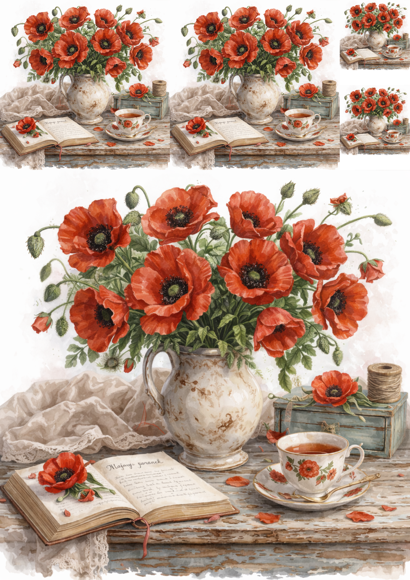 Sticker Sheet / Greeting Card – Red Poppies in Vase Collage Cat. No. 9300