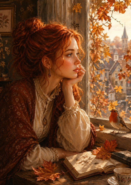 Sticker Sheet / Greeting Card – Autumn Window View & Nostalgic Girl Full Cat. No. 9353