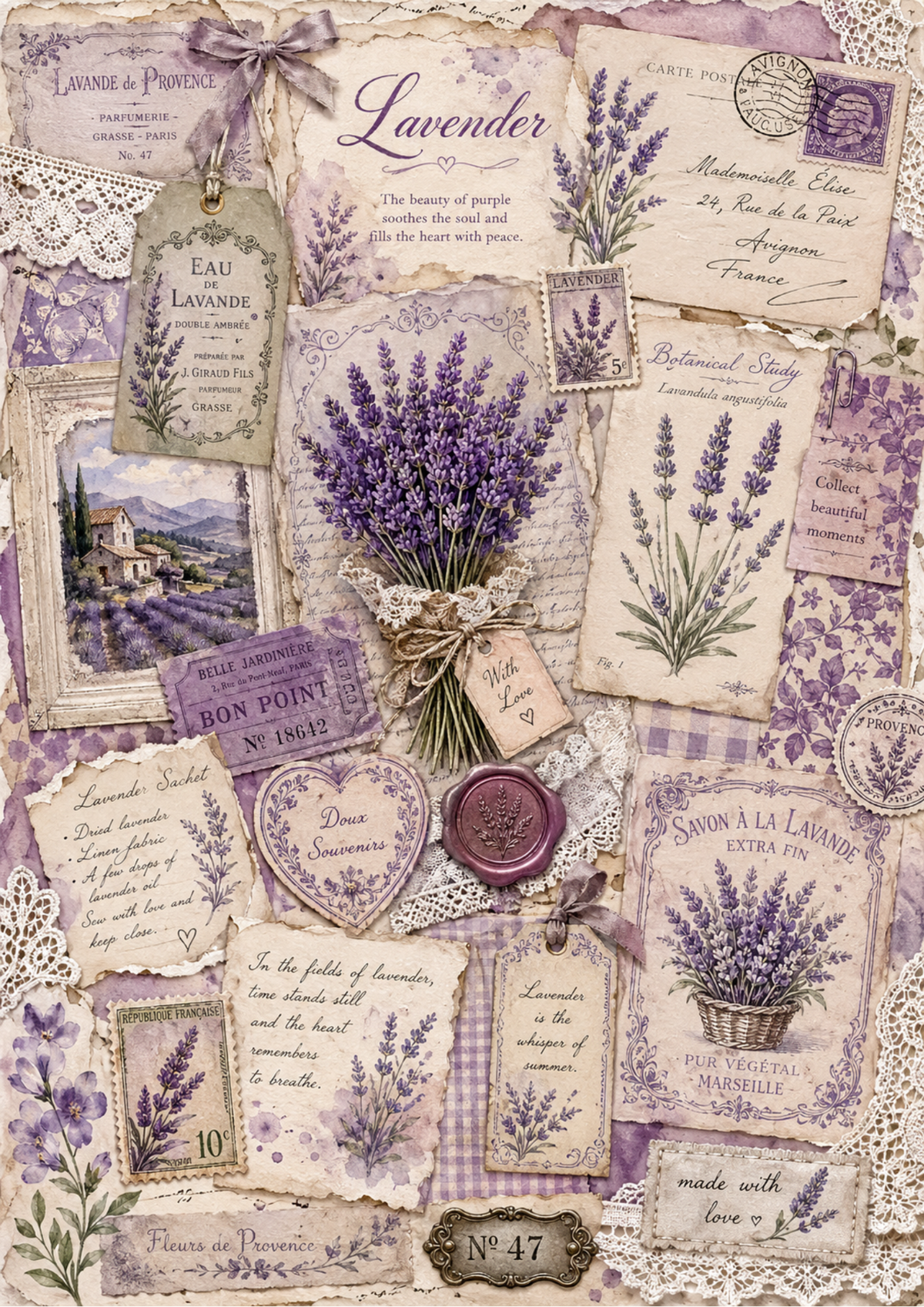 Sticker Sheet / Greeting Card – Lavender Collage Journaling Page Full Cat. No. 9355