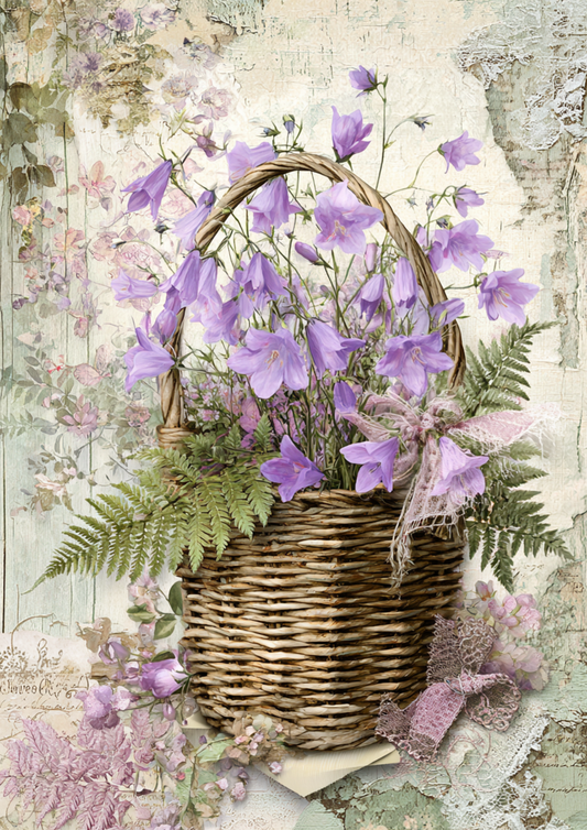 Sticker Sheet / Greeting Card – Purple Bells and Forest Fern in Basket Full Cat. No. 9373