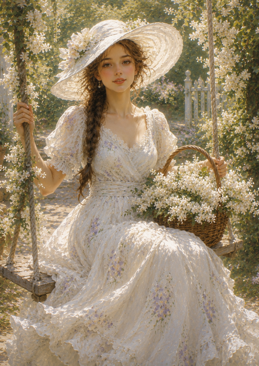 Sticker Sheet / Greeting Card – Girl in Old Lilac Garden on Swing Full Cat. No. 9378