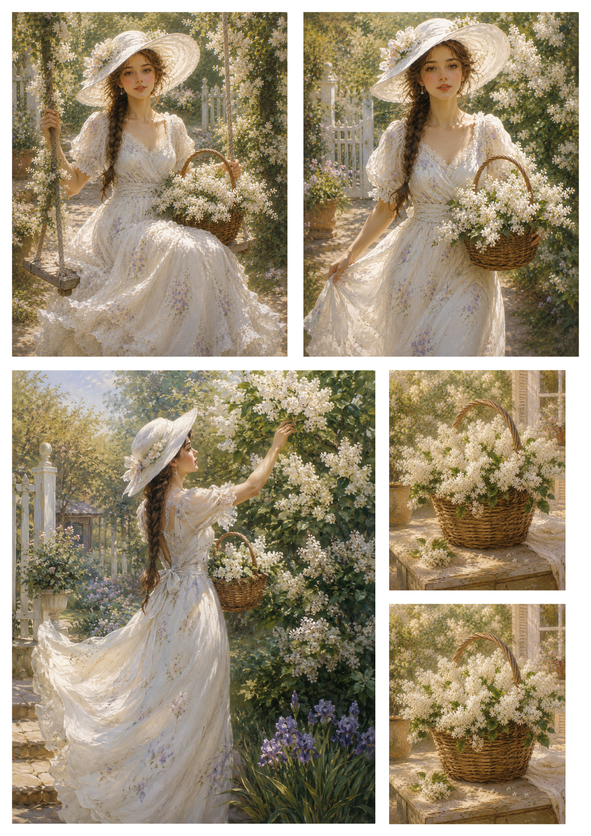 Sticker Sheet / Greeting Card – Girl in White Lilac Garden Collage Cat. No. 9380