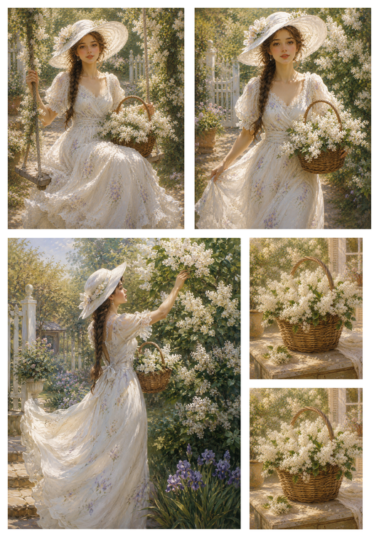 Sticker Sheet / Greeting Card – Girl in White Lilac Garden Collage Cat. No. 9380