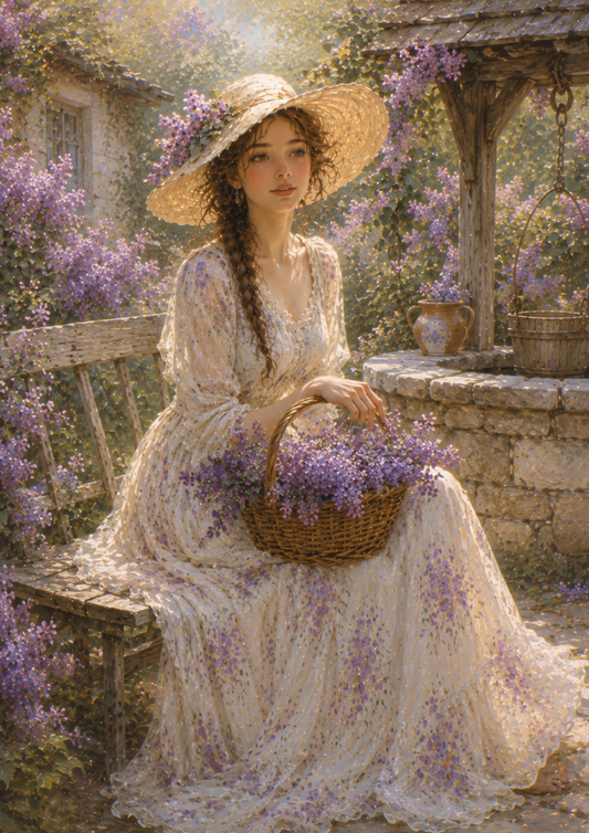 Sticker Sheet / Greeting Card – Girl Sitting in Garden with Purple Lilac Full Cat. No. 9390