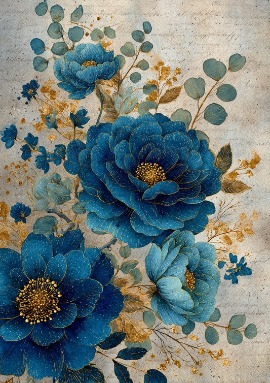 Sticker Sheet / Greeting Card – Vintage Blue Roses on Beige Full Cat. No. 9396