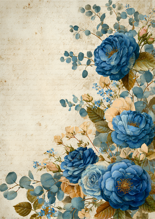 Sticker Sheet / Greeting Card – Vintage Blue Roses on Beige Full Cat. No. 9397
