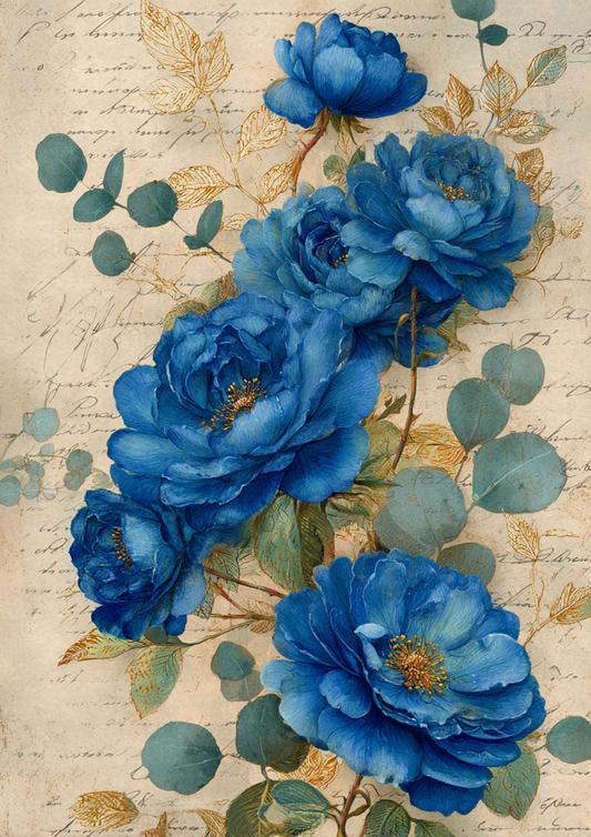 Sticker Sheet / Greeting Card – Vintage Blue Roses on Beige Full Cat. No. 9398