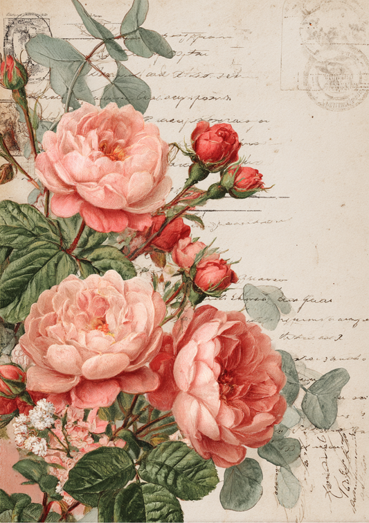Sticker Sheet / Greeting Card – Vintage Pink Roses on Beige Full Cat. No. 9399