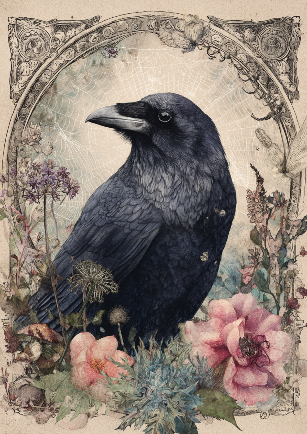 Sticker Sheet / Greeting Card – Raven & Flowers Full Cat. No. 9409