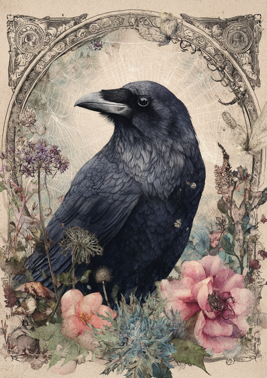 Sticker Sheet / Greeting Card – Raven & Flowers Full Cat. No. 9409